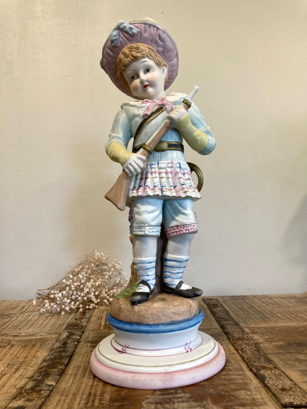 Damaged! Vintage Ceramic Mantel Statue Boy with Rifle and Sword 16” Tall
